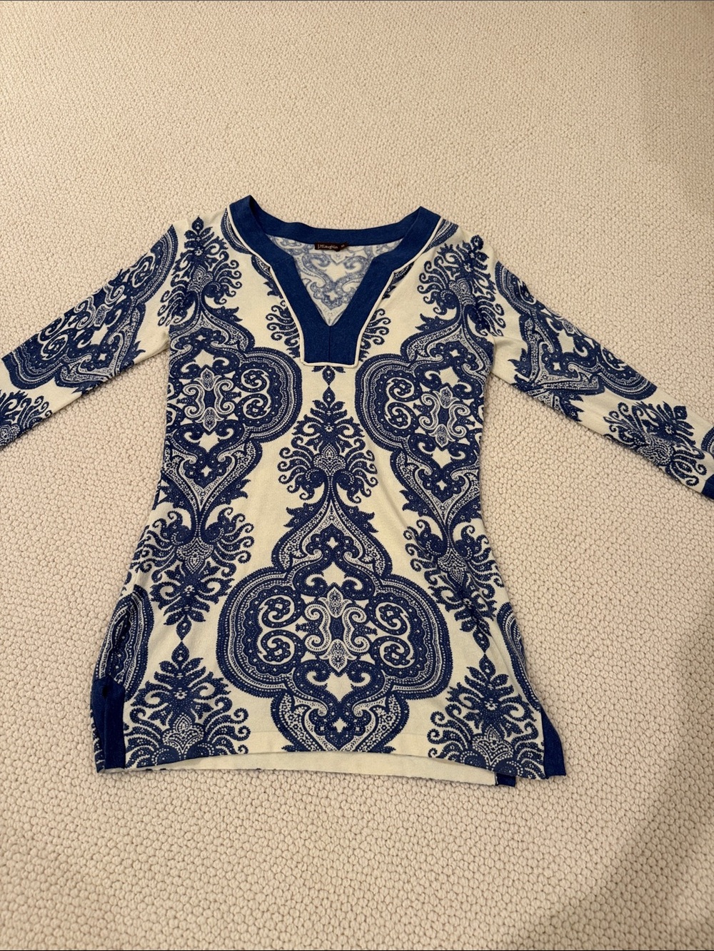 JMcLaughlin block print blue and white cotton knit tunic
